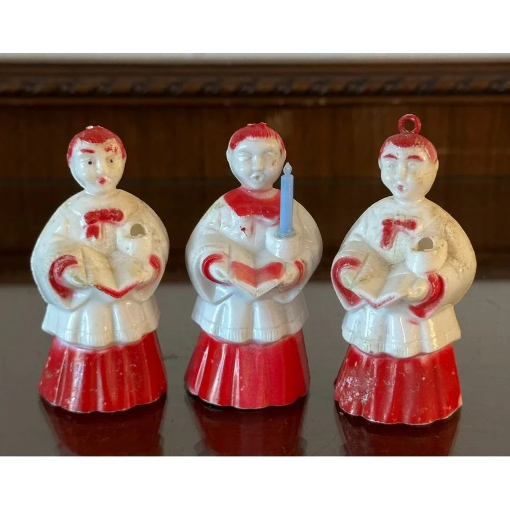 Xmas Ornaments 3 Choir Boys w/candles & hymn books 1950s ROSBRO Hard Plastic USA